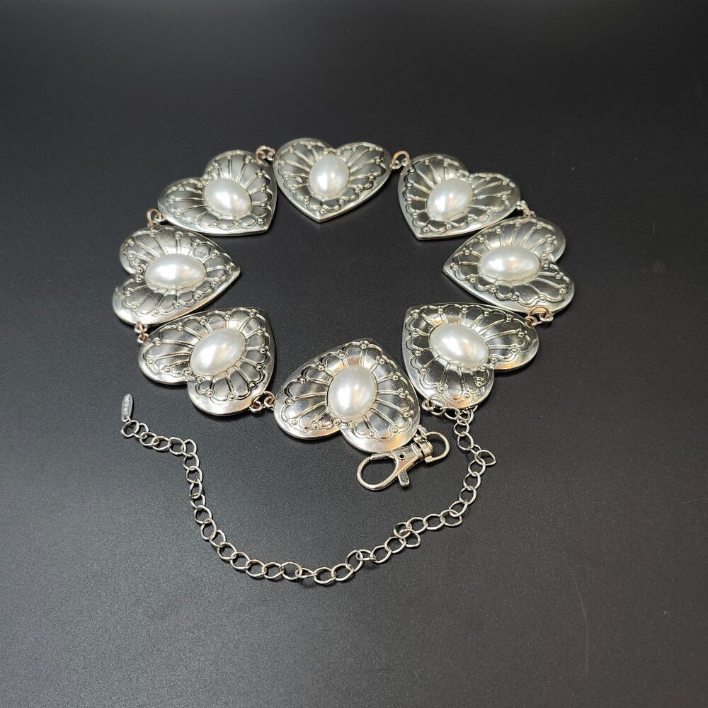 Dolls Kill Silver Toned & Faux Pearl Heart Belt